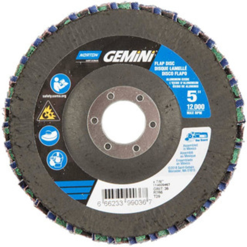 Norton 5 36 Grit 7/8 Center Hole Type 29 Ceramic Alumina Flap Disc Very Coarse Grade, Coated, Arbor Attachment, Polyester Backing, 12,000 RPM 66623399036 – 30189757