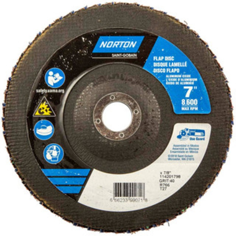 Norton 7 40 Grit 7/8 Center Hole Type 27 Ceramic Alumina Flap Disc Coarse Grade, Coated, Arbor Attachment, Polyester Backing, 8,600 RPM 66623399071 – 56275423