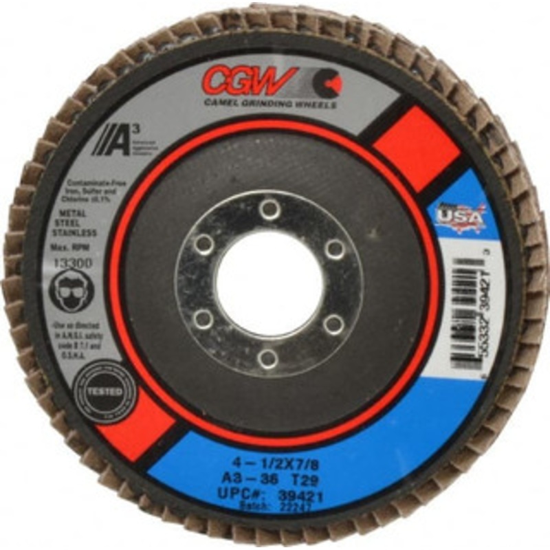 CGW Abrasives 4-1/2 36 Grit 7/8 Center Hole Type 29 Aluminum Oxide Flap Disc Very Coarse Grade, Coated, Arbor Attachment, Polyester Backing, 13,300 RPM 39421 – 02555183
