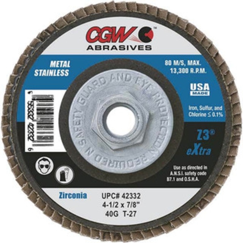CGW Abrasives 4-1/2 40 Grit 7/8 Center Hole Type 27 Zirconia Alumina Flap Disc Coarse Grade, Coated, Arbor Attachment, Poly Cotton Backing, 13,300 RPM 42302 – 56437809