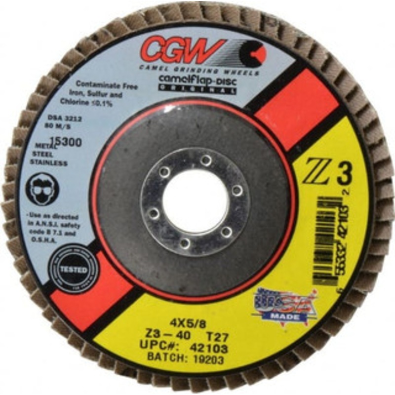 CGW Abrasives 4 40 Grit 5/8 Center Hole Type 27 Zirconia Alumina Flap Disc Coarse Grade, Coated, Arbor Attachment, Poly Cotton Backing, 15,300 RPM 42103 – 56436660