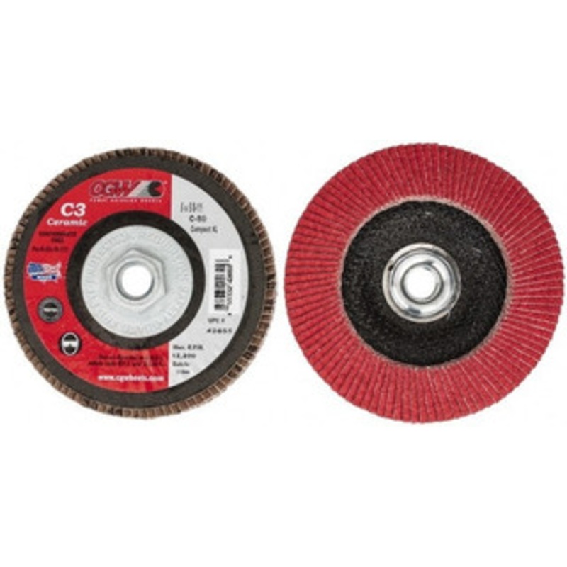 CGW Abrasives 5 80 Grit 5/8-11 Center Hole Ceramic Flap Disc Medium Grade, Coated, Arbor Attachment, Polyester Backing, 12,200 RPM 42655 – 63009906