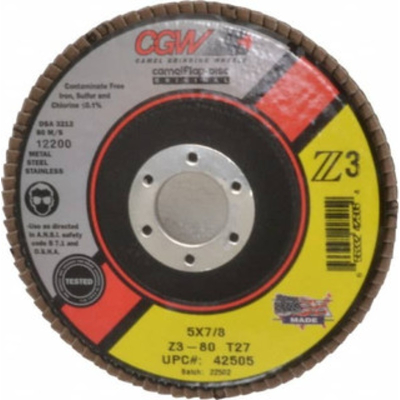 CGW Abrasives 5 80 Grit 7/8 Center Hole Type 27 Zirconia Alumina Flap Disc Medium Grade, Coated, Arbor Attachment, Poly Cotton Backing, 12,200 RPM 42505 – 56437650