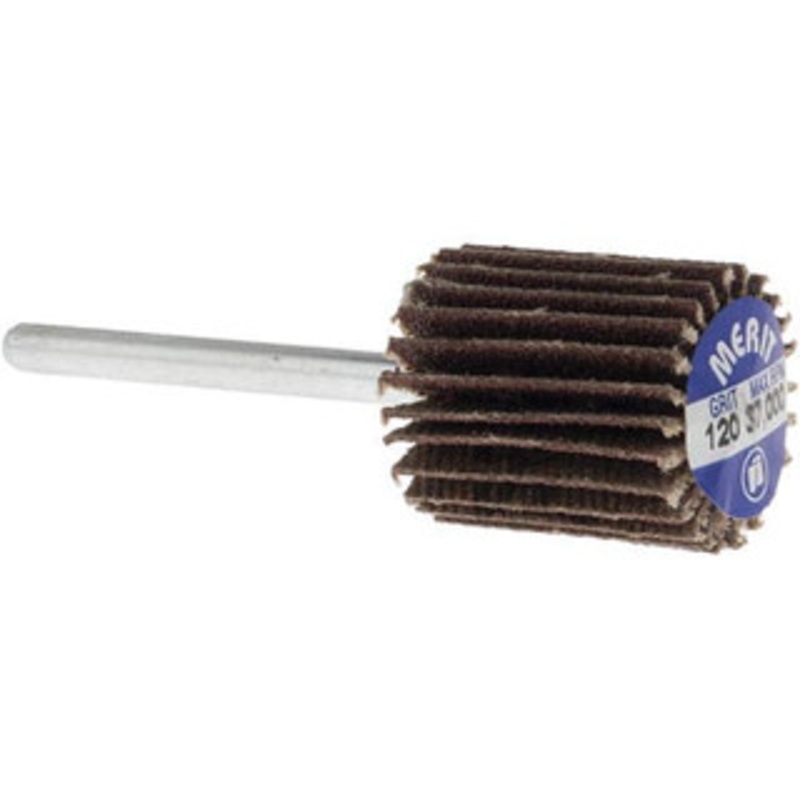Merit Abrasives 5/8 Diam x 3/4 Face Width, Fine Aluminum Oxide Coated Mounted Flap Wheel 1/8 Shank Mount, 120 Grit, Cloth Backing, 37,000 Max RPM 08834137542 – 09608530