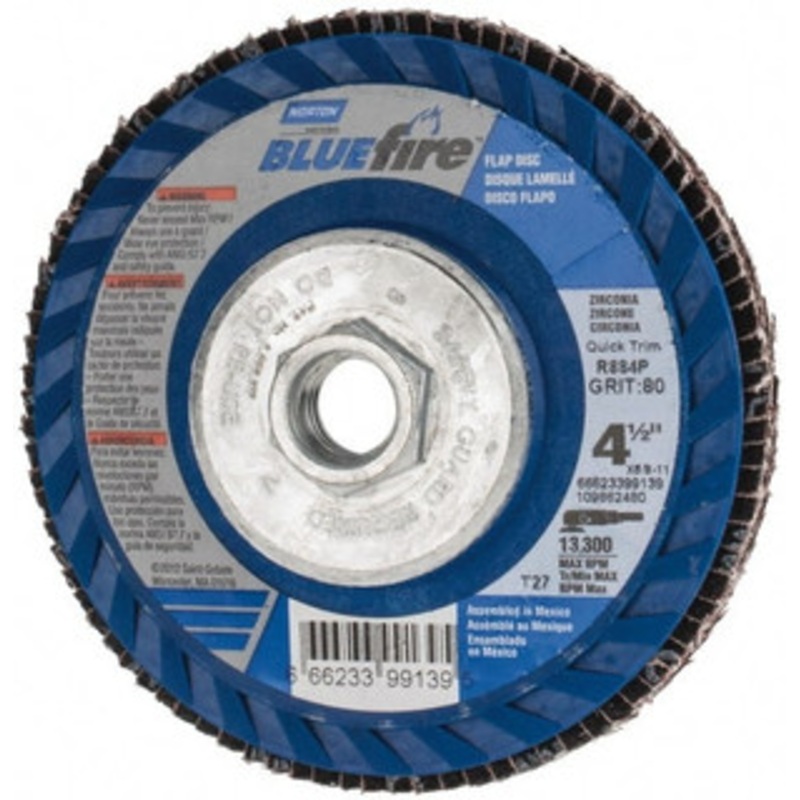 Norton 4-1/2 80 Grit 5/8-11 Center Hole Type 27 Zirconia Alumina Flap Disc Medium Grade, Coated, Arbor Attachment, Fiberglass Backing, 13,300 RPM 66254472657 – 45451309
