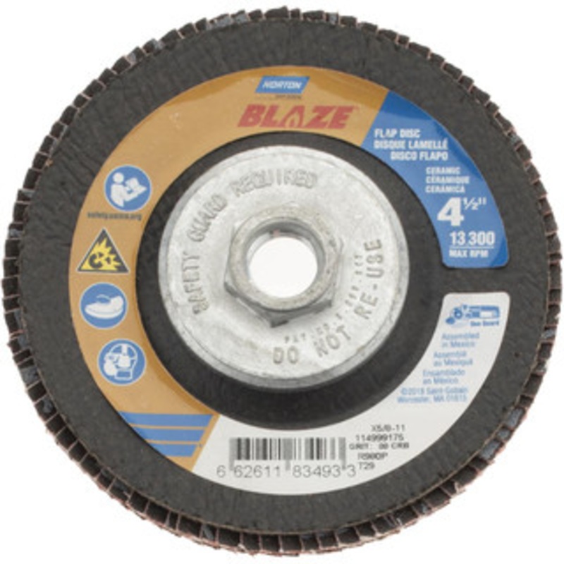 Norton 4-1/2 80 Grit 5/8-11 Center Hole Type 29 Ceramic Flap Disc Medium Grade, Coated, Arbor Attachment, Fiberglass Backing, 13,000 RPM 66261183493 – 83834101
