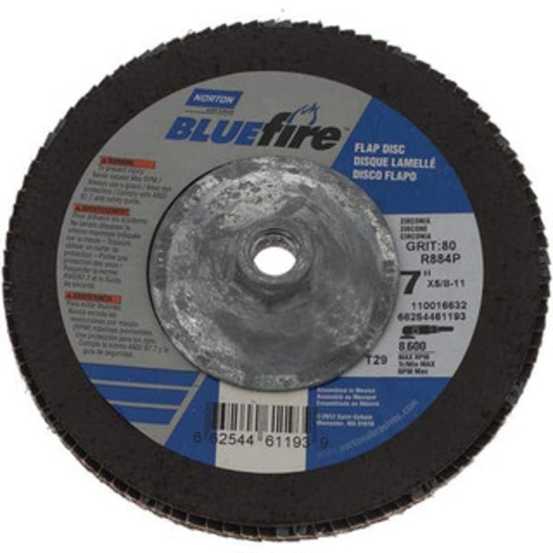 Norton 7 80 Grit 5/8-11 Center Hole Type 29 Zirconia Alumina Flap Disc Medium Grade, Coated, Arbor Attachment, Cloth Backing, 8,600 RPM 66254461193 – 30189203