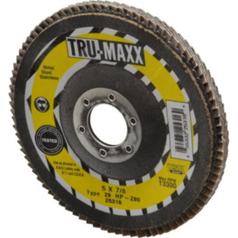 Tru-Maxx 5 80 Grit 7/8 Center Hole Type 29 Zirconia Alumina Flap Disc Medium Grade, Coated, Arbor Attachment, 12,200 RPM 25316 – 73225047