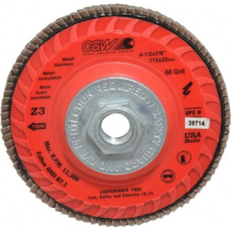 CGW Abrasives 4-1/2 60 Grit 5/8-11 Center Hole Type 27 Zirconia Alumina Flap Disc Medium Grade, Coated, Arbor Attachment, Poly Cotton Backing, 13,300 RPM 39714 – 78916806