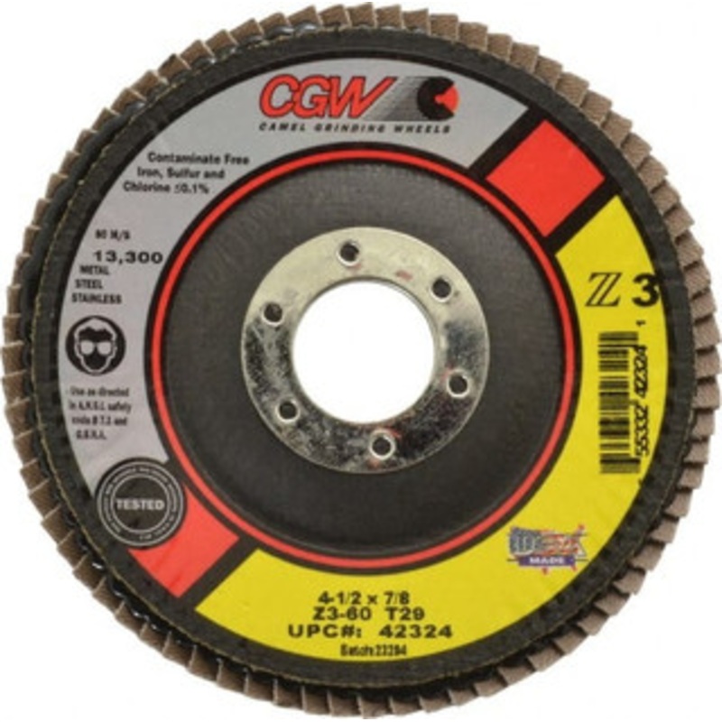 CGW Abrasives 4-1/2 60 Grit 7/8 Center Hole Type 29 Zirconia Alumina Flap Disc Medium Grade, Coated, Arbor Attachment, Poly Cotton Backing, 13,300 RPM 42324 – 56438823