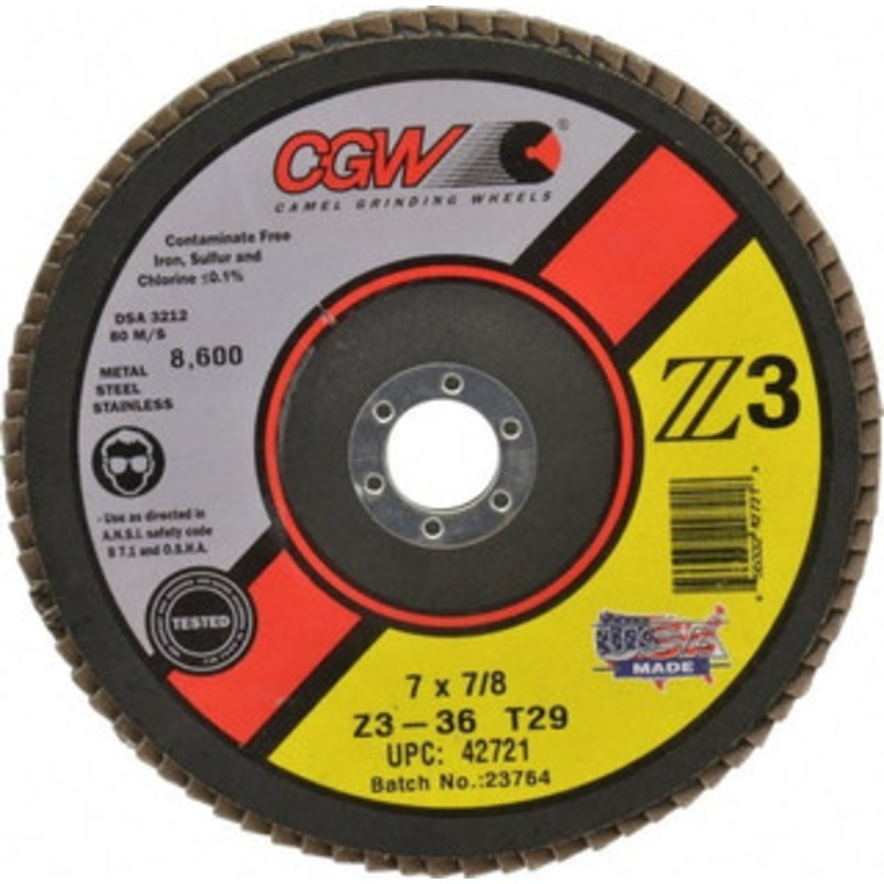 CGW Abrasives 7 36 Grit 7/8 Center Hole Type 29 Zirconia Alumina Flap Disc Very Coarse Grade, Coated, Arbor Attachment, Poly Cotton Backing, 8,600 RPM 42721 – 56451586