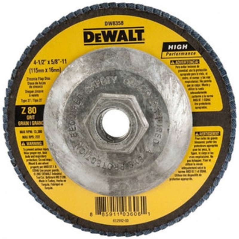 DeWALT 4-1/2 80 Grit 5/8-11 Center Hole Type 27 Zirconia Alumina Flap Disc Medium Grade, Coated, Arbor Attachment, Fiberglass Backing, 13,300 RPM DW8358 – 50960244