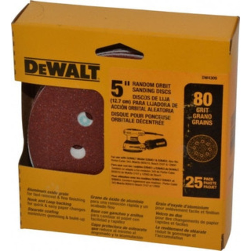 DeWALT 5 Diam, 80 Grit, Aluminum Oxide Hook & Loop Disc Medium Grade, Coated, Paper Backing DW4309 – 00355875