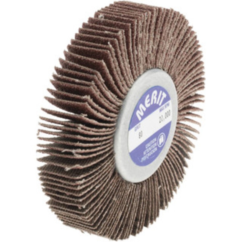Merit Abrasives 2-1/2 Diam x 1/2 Face Width, Medium Aluminum Oxide Coated Mounted Flap Wheel 1/4-20 Threaded Mount, 80 Grit, Cloth Backing, 20,000 Max RPM 08834134016 – 72372311