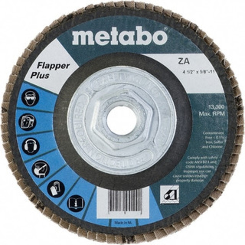 Metabo 4-1/2 60 Grit 5/8-11 Center Hole Type 27 Zirconia Alumina Flap Disc Medium Grade, Coated, Arbor Attachment, Fiberglass Backing, 13,300 RPM 629472000 – 47730767