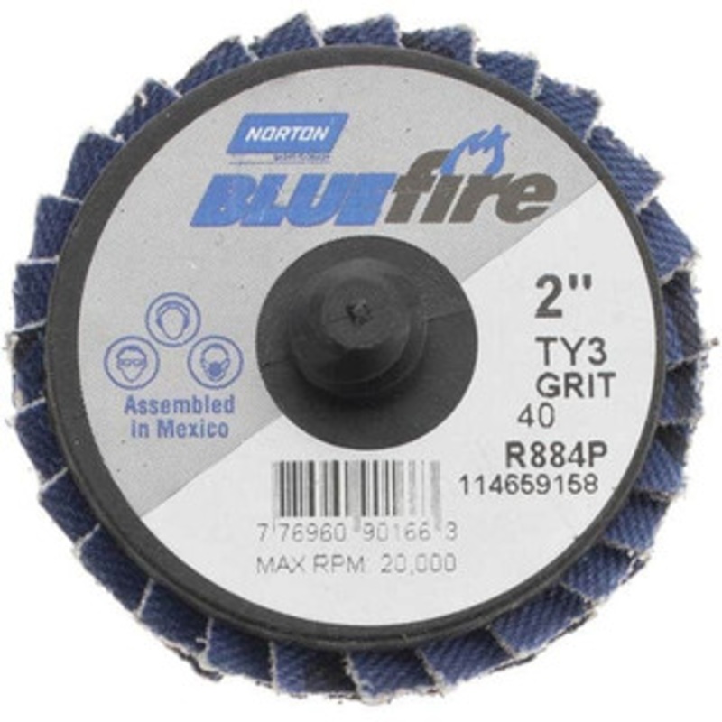 Norton 2 40 Grit Type 27 Zirconia Alumina Flap Disc Coarse Grade, Coated, Quick Change Type R Attachment, Fiberglass Backing, 30,000 RPM 77696090166 – 68540889