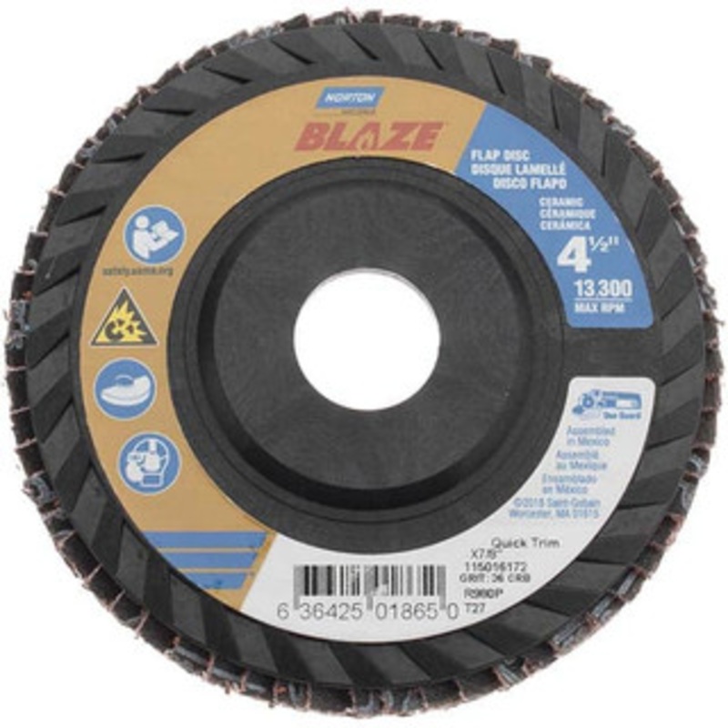 Norton 4-1/2 36 Grit 7/8 Center Hole Type 27 Ceramic Alumina Flap Disc Coarse Grade, Coated, Arbor Attachment, Plastic Backing, 13,300 RPM 63642501865 – 36044261