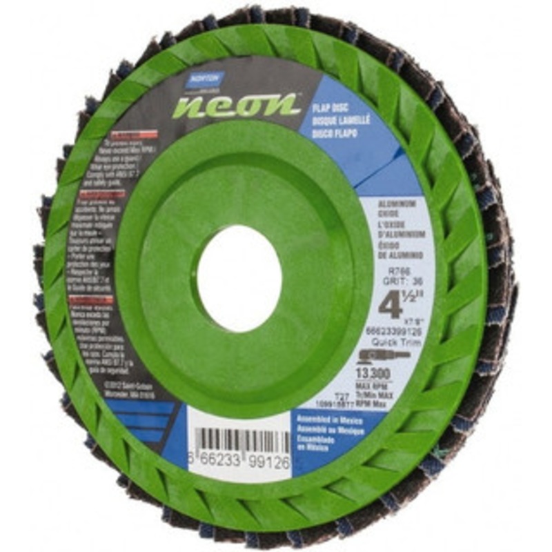 Norton 4-1/2 36 Grit 7/8 Center Hole Type 27 Ceramic Alumina Flap Disc Very Coarse Grade, Coated, Arbor Attachment, Polyester Backing, 13,300 RPM 66623399062 – 56275480