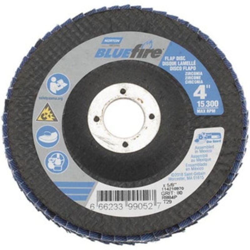 Norton 4 80 Grit 5/8 Center Hole Type 29 Zirconia Alumina Flap Disc Medium Grade, Coated, Arbor Attachment, Fiberglass Backing, 15,300 RPM 66623399052 – 41635954