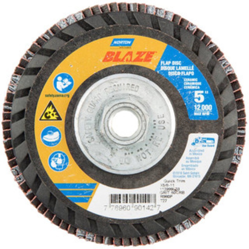 Norton 5 60 Grit 5/8-11 Center Hole Type 27 Ceramic Alumina Flap Disc Medium Grade, Coated, Arbor Attachment, Plastic Backing, 12,000 RPM 77696090142 – 36044543