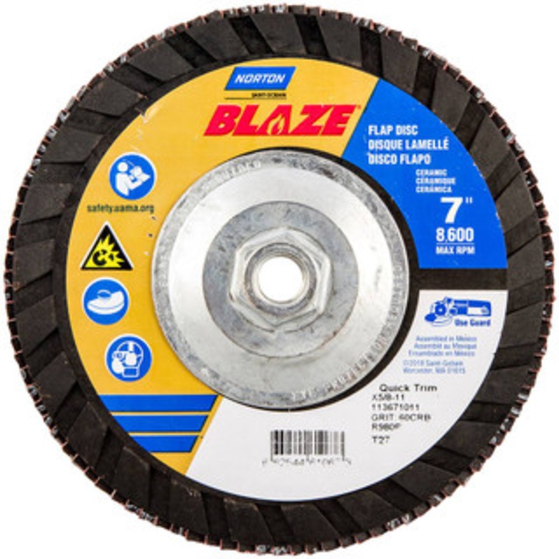 Norton 7 60 Grit 5/8-11 Center Hole Type 27 Ceramic Flap Disc Medium Grade, Coated, Arbor Attachment, Plastic Backing 66254461067 – 42064956