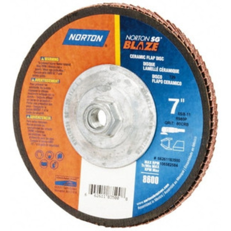 Norton 7 60 Grit 5/8-11 Center Hole Type 29 Ceramic Flap Disc Medium Grade, Coated, Arbor Attachment, Fiberglass Backing, 8,500 RPM 66261183500 – 83834135