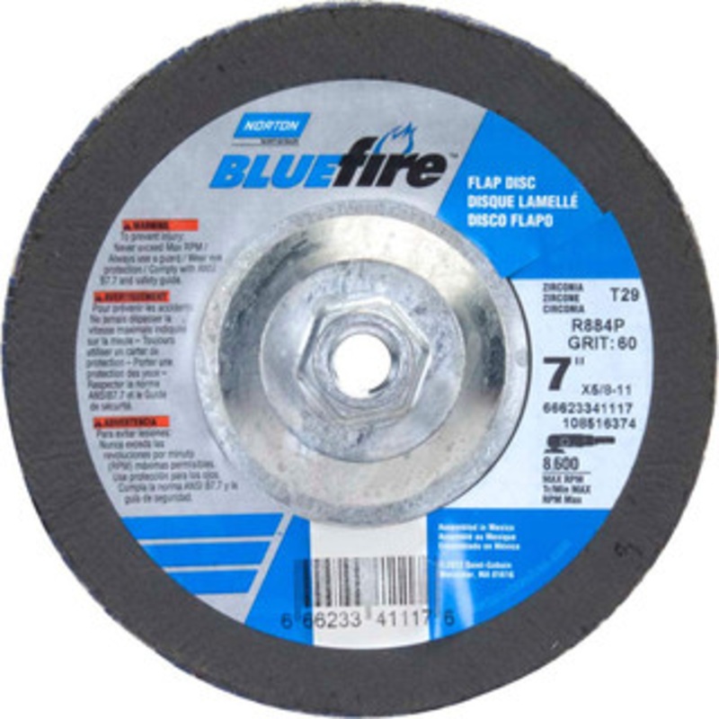 Norton 7 80 Grit 5/8-11 Center Hole Type 29 Zirconia Alumina Flap Disc Medium Grade, Coated, Arbor Attachment, Plastic Backing, 8,500 RPM 66623341118 – 69000503