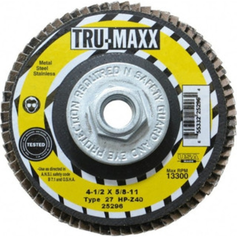 Tru-Maxx 4-1/2 40 Grit 5/8-11 Center Hole Type 27 Zirconia Alumina Flap Disc Coarse Grade, Coated, Arbor Attachment, 13,300 RPM 25296 – 06379333