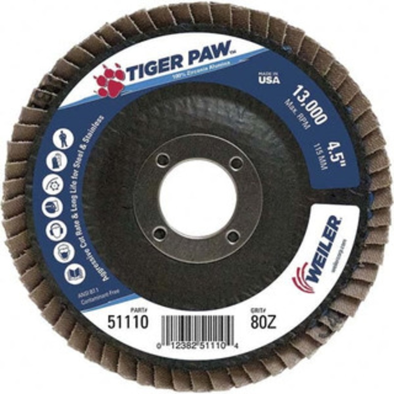 Weiler Abrasives 4-1/2 80 Grit 7/8 Center Hole Type 27 Zirconia Alumina Flap Disc Fine Grade, Coated, Arbor Attachment, Phenolic Backing, 13,000 RPM 51110 – 61581344