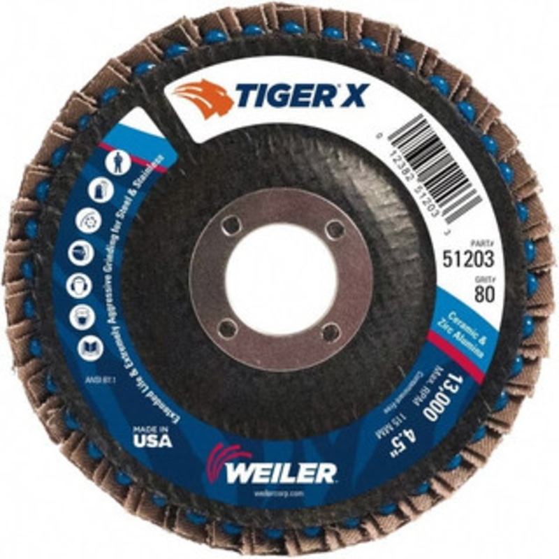 Weiler Abrasives 4-1/2 80 Grit 7/8 Center Hole Type 29 Zirconia Alumina Flap Disc Medium Grade, Coated, Arbor Attachment, Phenolic Backing, 13,000 RPM 51203 – 46905899
