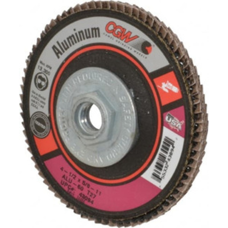 CGW Abrasives 4-1/2 60 Grit 5/8-11 Center Hole Type 27 Aluminum Oxide Flap Disc Medium Grade, Coated, Arbor Attachment, Polyester Backing, 13,300 RPM 43094 – 63009583