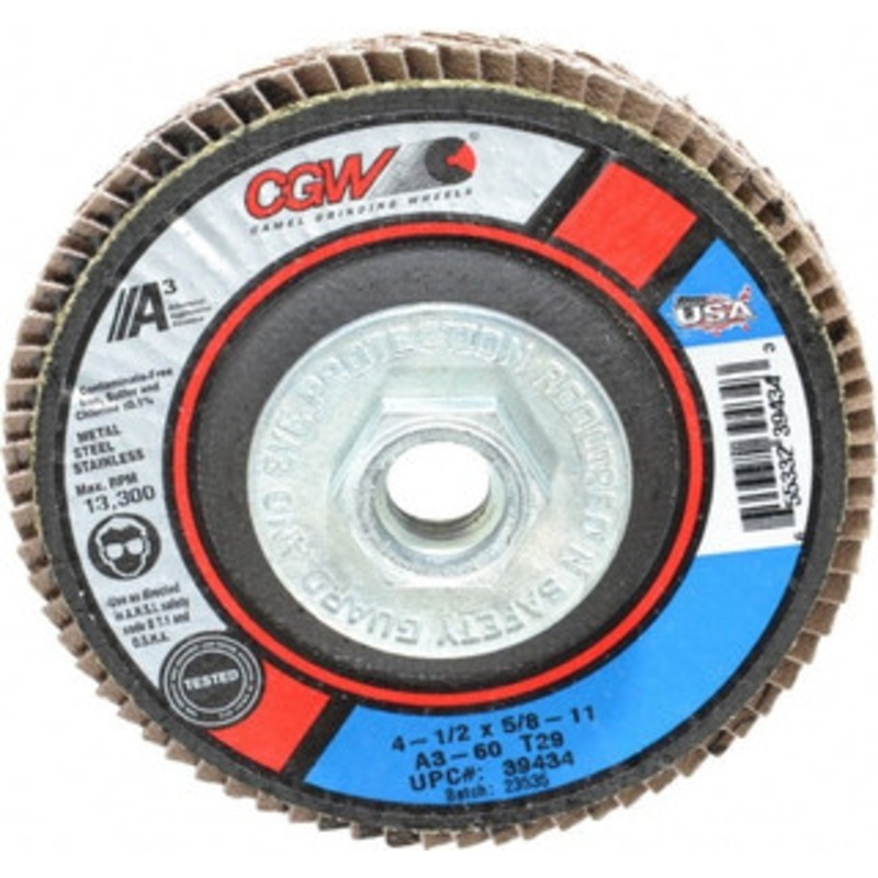 CGW Abrasives 4-1/2 60 Grit 5/8-11 Center Hole Type 29 Aluminum Oxide Flap Disc Medium Grade, Coated, Arbor Attachment, Polyester Backing, 13,300 RPM 39434 – 02555308