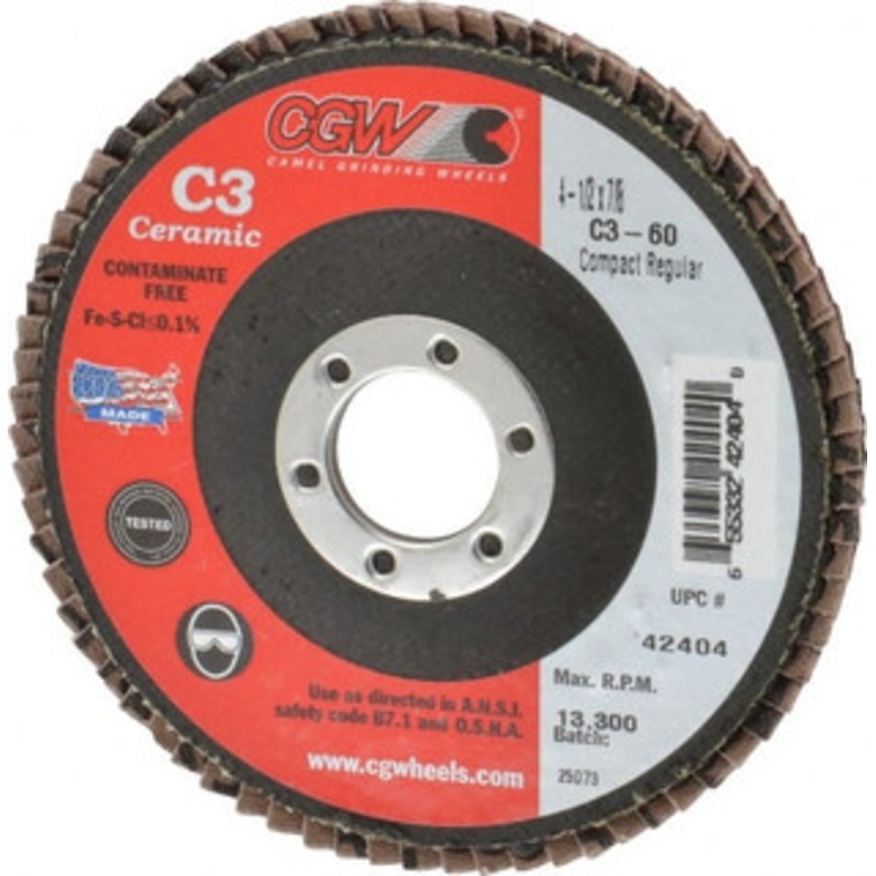 CGW Abrasives 4-1/2 60 Grit 7/8 Center Hole Ceramic Flap Disc Medium Grade, Coated, Arbor Attachment, Polyester Backing, 13,300 RPM 42404 – 63009617