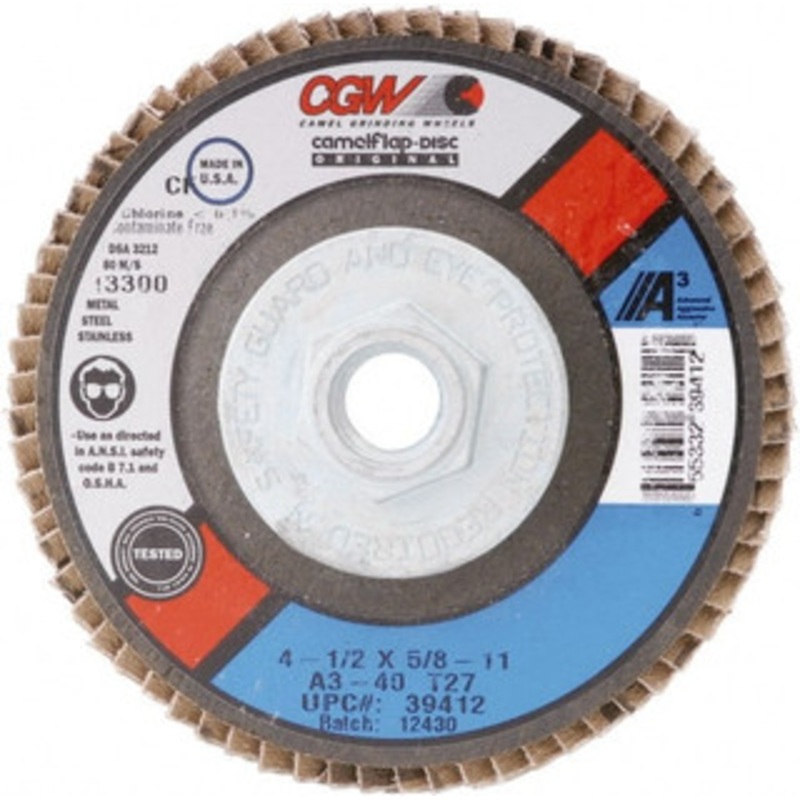 CGW Abrasives 4-1/2 60 Grit 7/8 Center Hole Type 27 Aluminum Oxide Flap Disc Medium Grade, Coated, Arbor Attachment, Cloth Backing, 13,300 RPM 39404 – 48801377