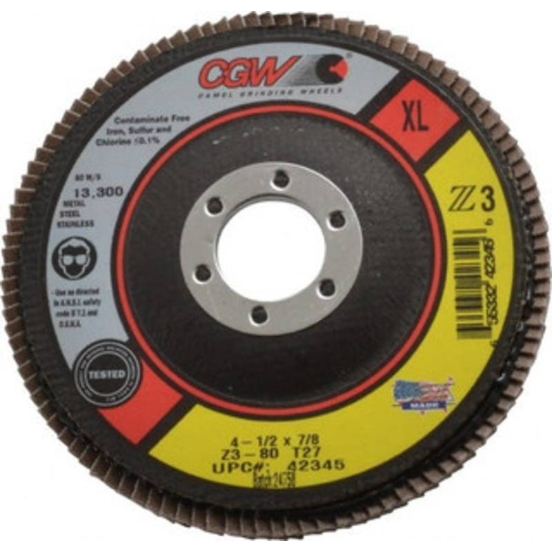 CGW Abrasives 4-1/2 80 Grit 7/8 Center Hole Type 27 Zirconia Alumina Flap Disc Medium Grade, Coated, Arbor Attachment, Poly Cotton Backing, 13,300 RPM 42345 – 78624574