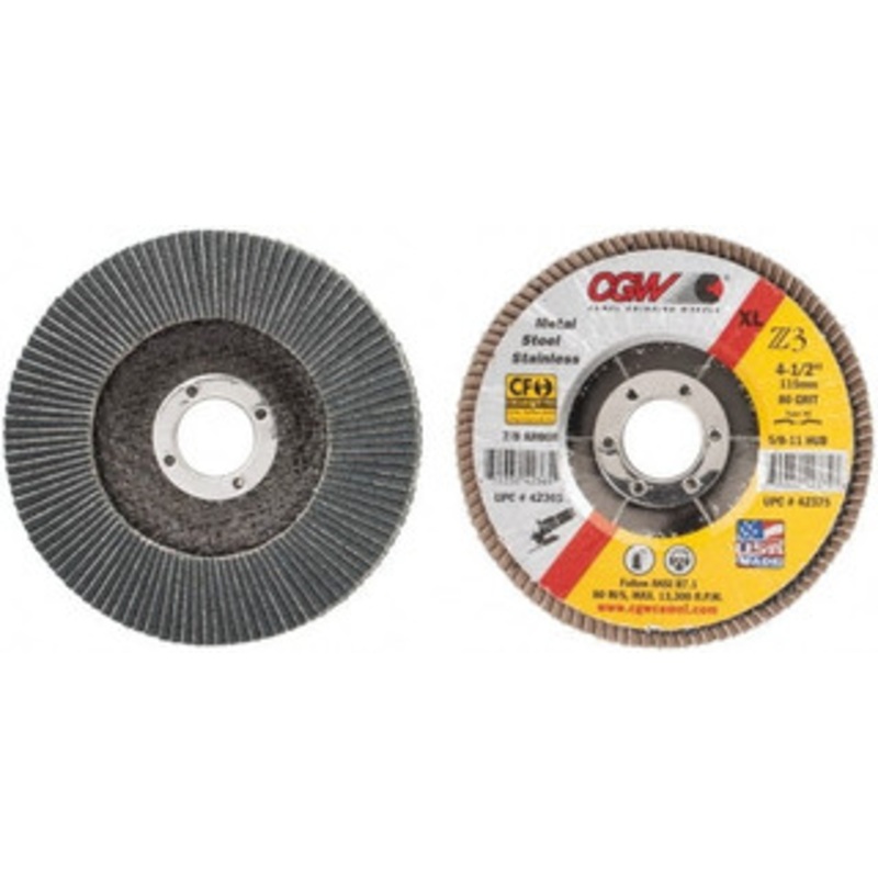 CGW Abrasives 4-1/2 80 Grit 7/8 Center Hole Type 29 Zirconia Alumina Flap Disc Medium Grade, Coated, Arbor Attachment, Poly Cotton Backing, 13,300 RPM 42365OLD – 94378528