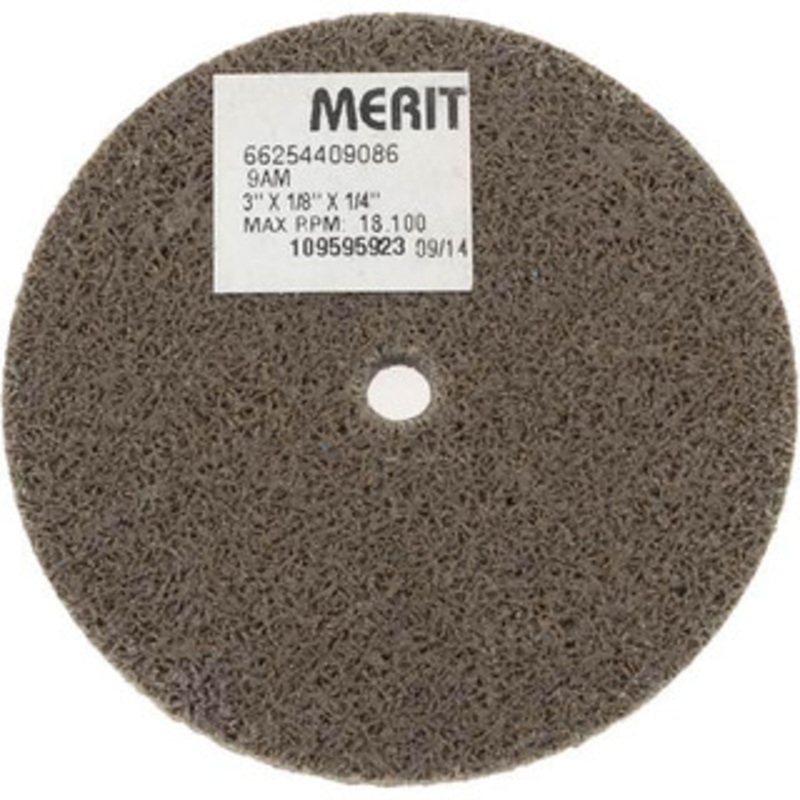 Merit Abrasives 3 Diam, 1/8 Face Width, 1/4 Center Hole, Medium Grade, Aluminum Oxide Deburring Wheel Unitized, Hard Density 8 Grade, 18,000 RPM 66254409086 – 84525021