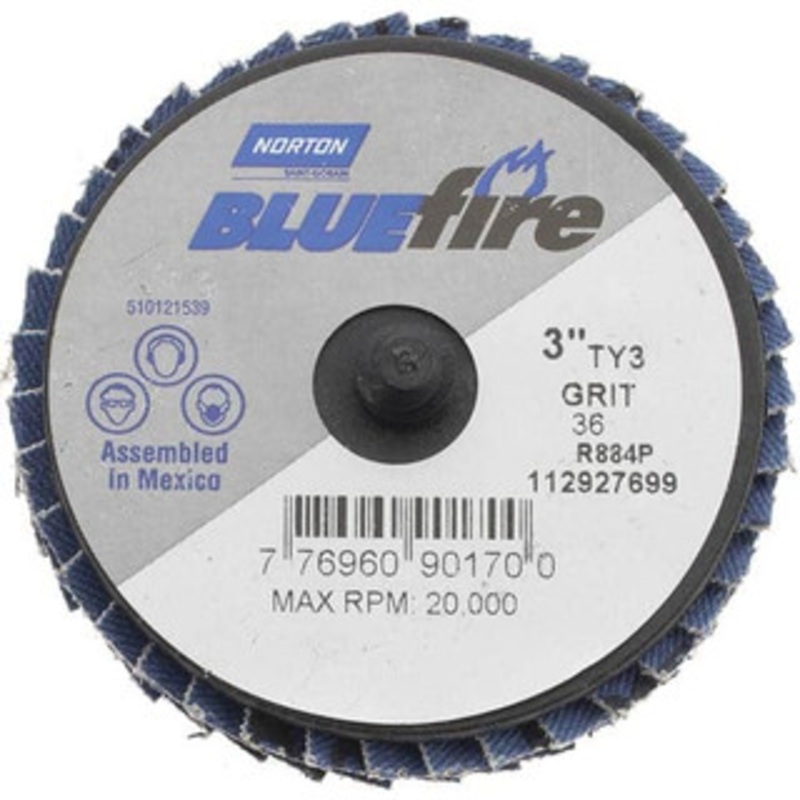 Norton 3 36 Grit Type 27 Zirconia Alumina Flap Disc Coarse Grade, Coated, Quick Change Type R Attachment, Fiberglass Backing, 30,000 RPM 77696090170 – 68540673