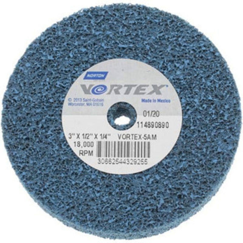 Norton 3 Diam, 1/2 Face Width, 1/4 Center Hole, Medium Grade, Aluminum Oxide Deburring Wheel Unitized, Medium Density 5 Grade 66254432925 – 45452430