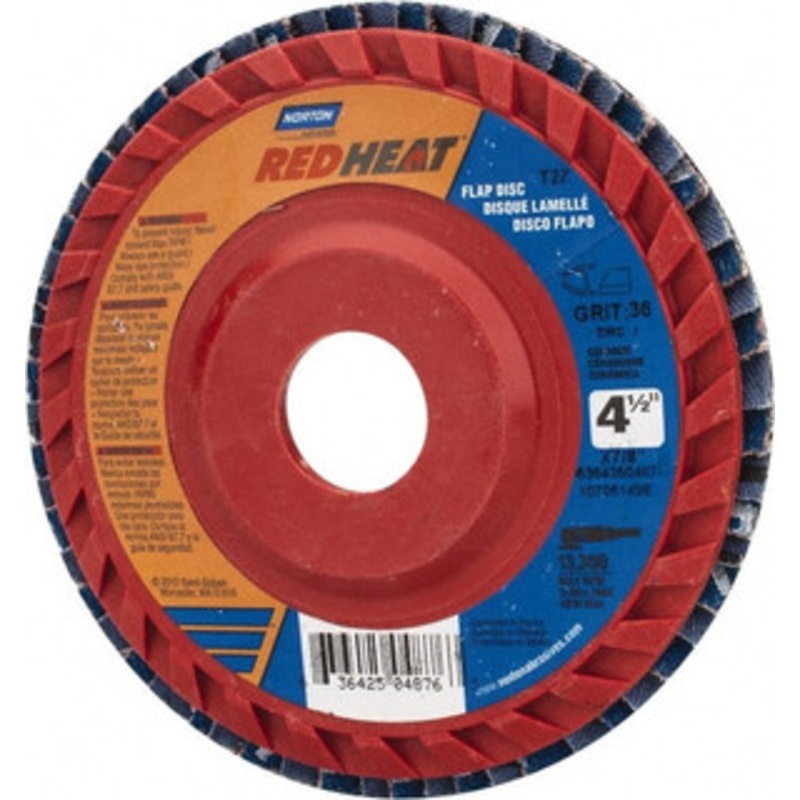 Norton 4-1/2 36 Grit 7/8 Center Hole Type 27 Ceramic Flap Disc Very Coarse Grade, Coated, Arbor Attachment, Plastic Backing, 13,000 RPM 63642504876 – 06360655