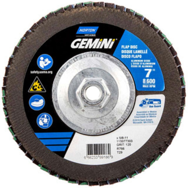 Norton 7 120 Grit 5/8-11 Center Hole Type 29 Ceramic Alumina Flap Disc Fine Grade, Coated, Arbor Attachment, Polyester Backing, 8,600 RPM 66623399186 – 30189526