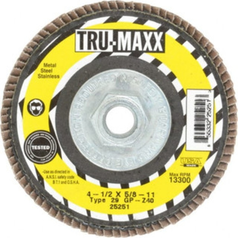 Tru-Maxx 4-1/2 40 Grit 5/8-11 Center Hole Type 29 Zirconia Alumina Flap Disc Coarse Grade, Coated, Arbor Attachment, 13,300 RPM 25251 – 86779535