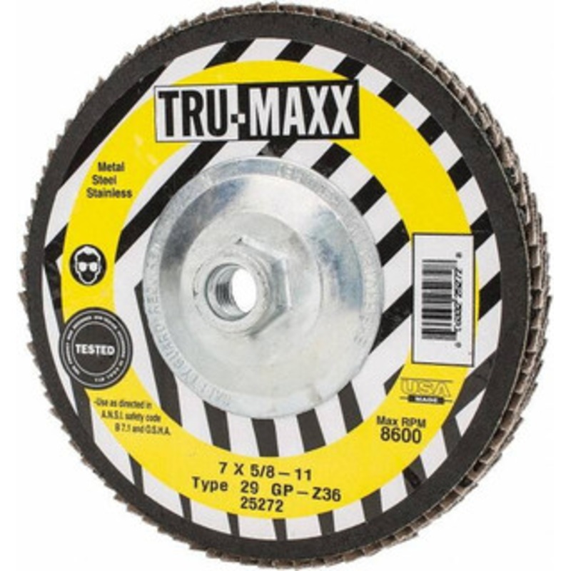 Tru-Maxx 7 36 Grit 5/8-11 Center Hole Type 29 Zirconia Alumina Flap Disc Very Coarse Grade, Coated, Arbor Attachment, 8,600 RPM 25272 – 86779758