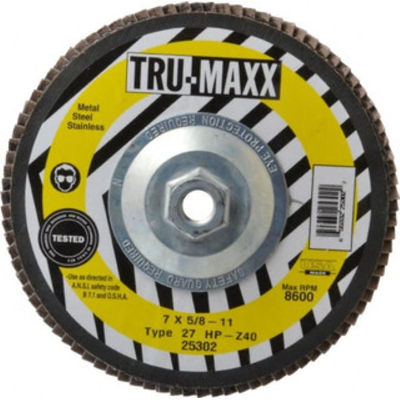 Tru-Maxx 7 40 Grit 5/8-11 Center Hole Type 27 Zirconia Alumina Flap Disc Coarse Grade, Coated, Arbor Attachment, 8,600 RPM 25302 – 06379390