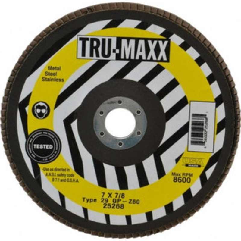 Tru-Maxx 7 60 Grit 7/8 Center Hole Type 29 Zirconia Alumina Flap Disc Medium Grade, Coated, Arbor Attachment, 8,600 RPM 25268 – 86779717