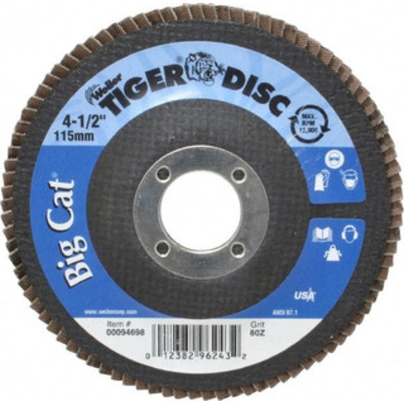 Weiler Abrasives 4-1/2 80 Grit 7/8 Center Hole Type 27 Zirconia Alumina Flap Disc Medium Grade, Coated, Arbor Attachment, Phenolic Backing, 12,000 RPM 96243 – 00094698