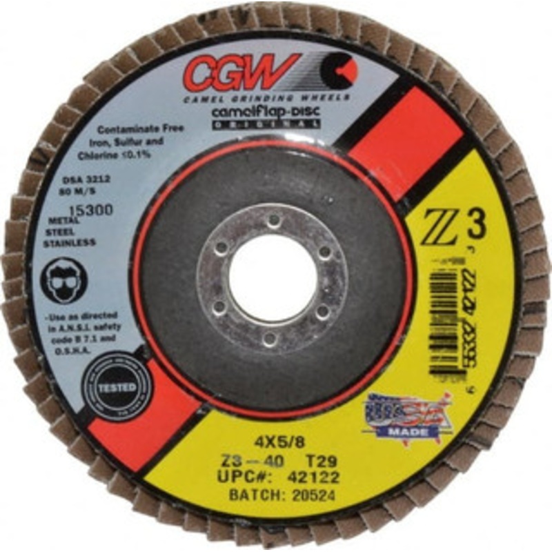 CGW Abrasives 4 40 Grit 5/8 Center Hole Type 29 Zirconia Alumina Flap Disc Coarse Grade, Coated, Arbor Attachment, Poly Cotton Backing, 15,300 RPM 42122 – 56436702
