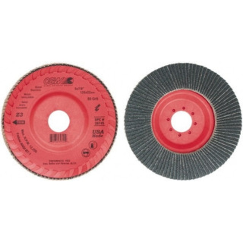CGW Abrasives 5 80 Grit 7/8 Center Hole Type 27 Zirconia Alumina Flap Disc Fine Grade, Coated, Arbor Attachment, Poly Cotton Backing, 12,200 RPM 39745 – 78916848