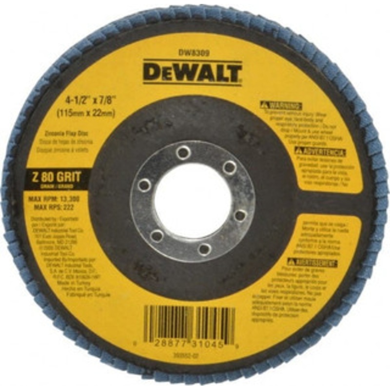 DeWALT 4-1/2 80 Grit 7/8 Center Hole Type 29 Zirconia Alumina Flap Disc Medium Grade, Coated, Arbor Attachment, Fiberglass Backing, 13,300 RPM DW8309 – 73201279
