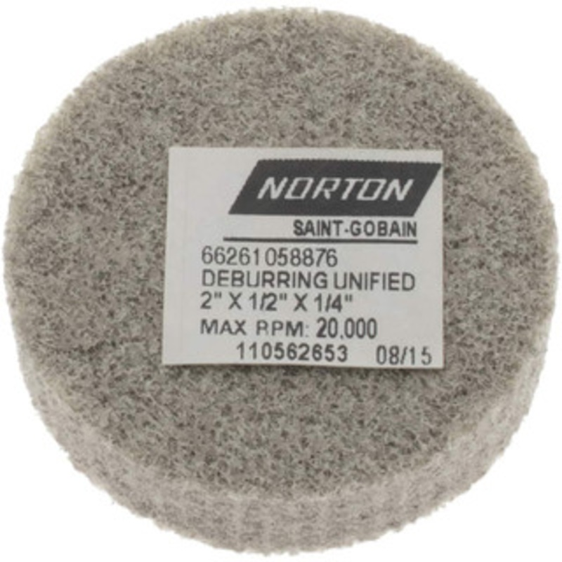 Norton 2 Diam, 1/2 Face Width, 1/4 Center Hole, Fine Grade, Aluminum Oxide Deburring Wheel Unitized, Medium Grade, 20,000 RPM 66261058876 – 05009642